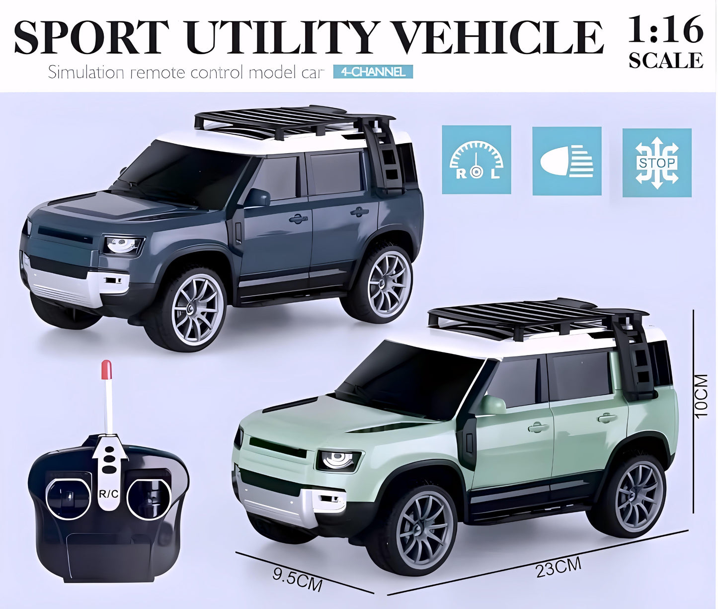 Remote Control Defender Car - 4Wd High-Speed Off-Road Rc Car With Led Lights, Rechargeable Battery, And All-Terrain Tires, Multicolor