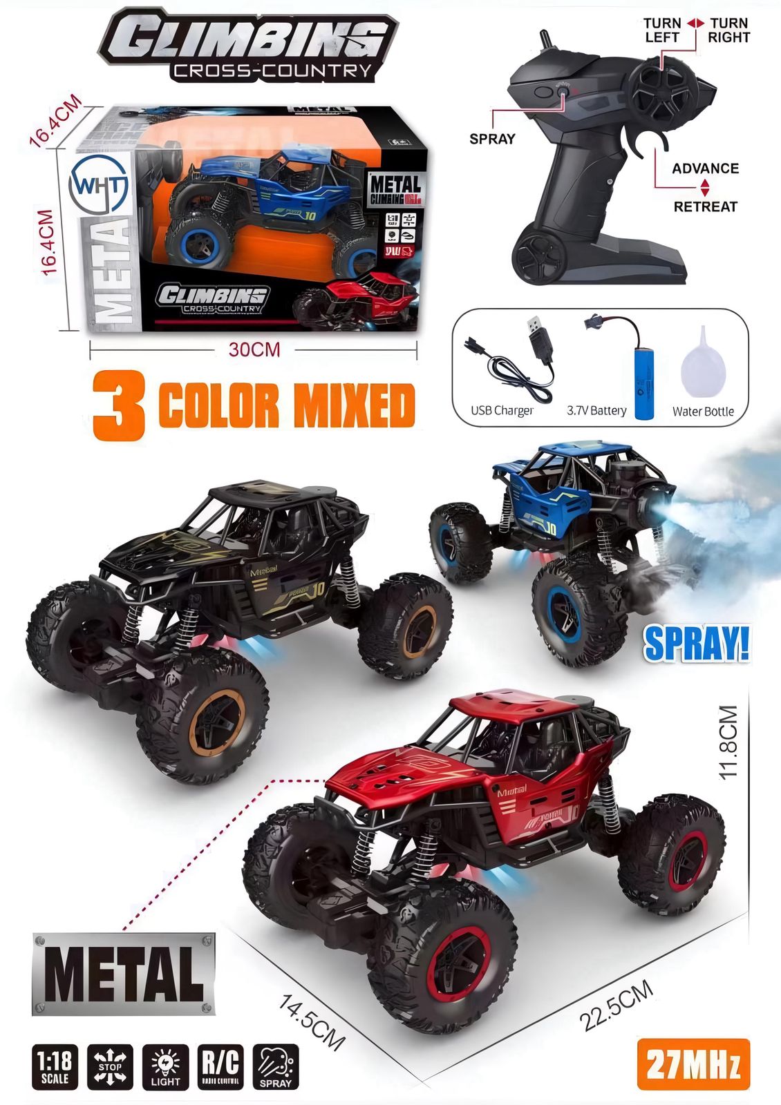 Remote Control Car For Kids With Mist Smoke Effect 2 Wd Monster Truck Rock Crawler Climbing Rc Toy Vehicle Car For Boys And Girls-Black